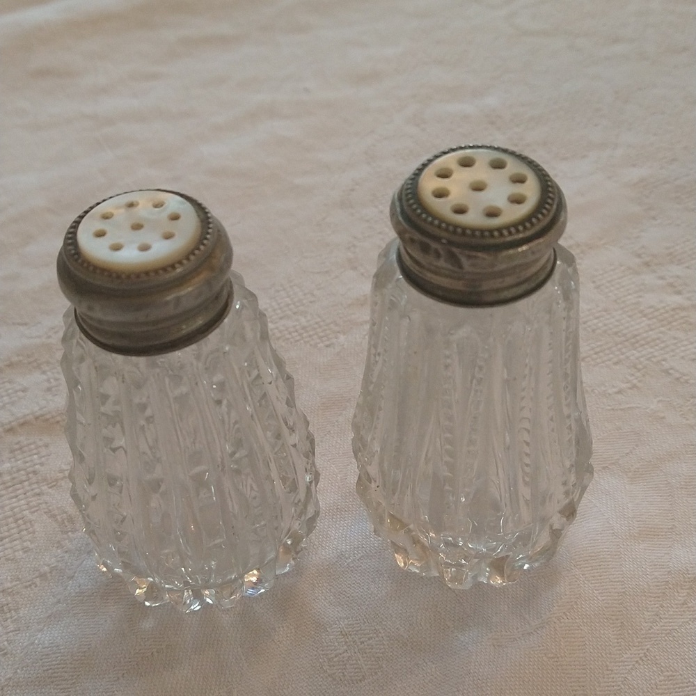 Vintage mother of Pearl silver salt pepper shakers cottagecore shabby chic